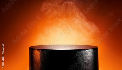 glowing black glass podium with fog orange background halloween product placement background