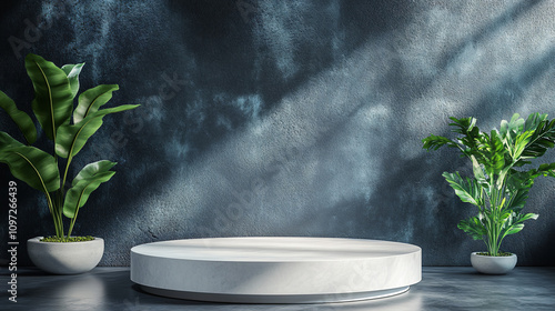 Illuminated white podium with plants on dark concrete floor, ideal for product presentations