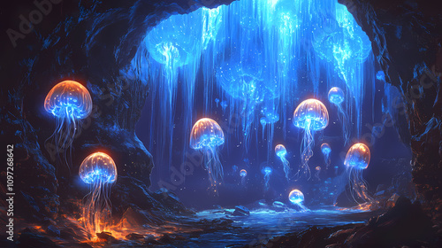 Cave with glowing jellyfish floating in the air, surreal and otherworldly bioluminescent glow. Floating Jellyfish Glow. Illustration