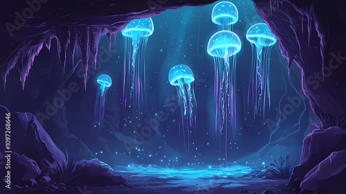 Cave with glowing jellyfish floating in the air, surreal and otherworldly bioluminescent glow. Floating Jellyfish Glow. Illustration