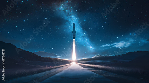 A starlit path winds through a serene night sky leading towards a massive interstellar spaceship poised for liftoff. Starlit Cosmic Path. Illustration