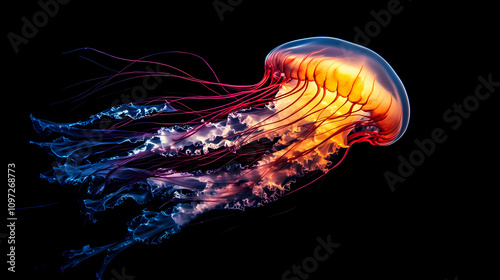 A mesmerizing image of a glowing jellyfish floating in deep, dark ocean waters captured in vibrant and crisp detail. Floating Jellyfish Glow. Illustration