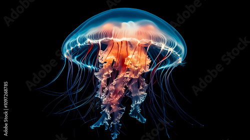 A mesmerizing image of a glowing jellyfish floating in deep, dark ocean waters captured in vibrant and crisp detail. Floating Jellyfish Glow. Illustration