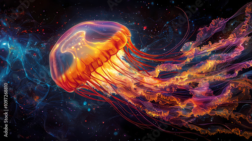 A mesmerizing image of a glowing jellyfish floating in deep, dark ocean waters captured in vibrant and crisp detail. Floating Jellyfish Glow. Illustration