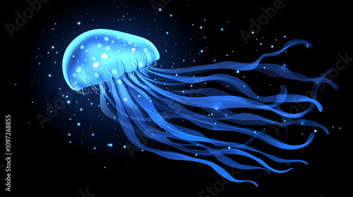 A glowing jellyfish floats gracefully through the dark ocean waters. Floating Jellyfish Glow. Illustration