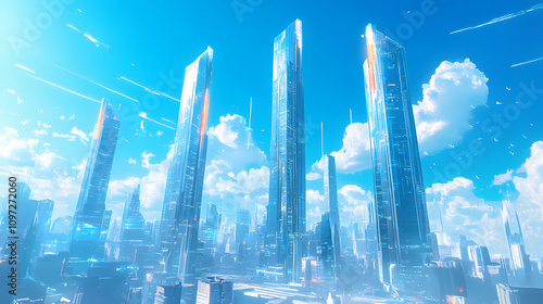 A city skyline with four tall buildings and a blue sky. Futuristic Glass City. Illustration