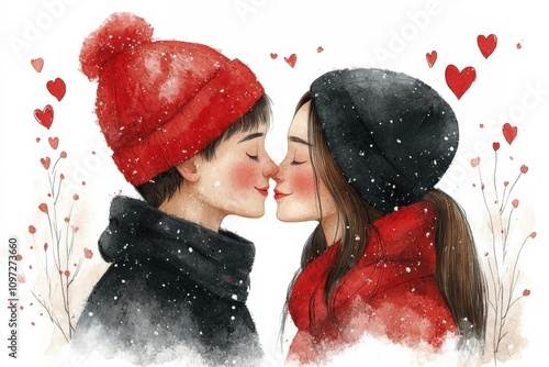 Romantic Winter Kiss Illustration with Snow and Hearts. Valentine's day concept.