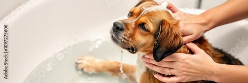 White Maltese dog being washed in a sink with shampoo, hygiene, wash