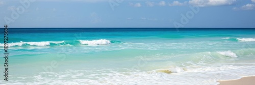 White sandy beach with crystal clear blue water in Morro Jable, Fuerteventura, Canary Islands, destination, waves