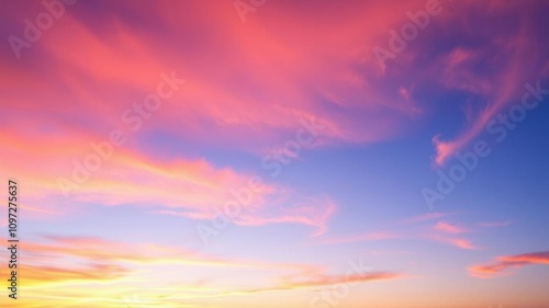 Wide-format red sunset or sunrise sky with vibrant colors shades of orange, pink, purple, blue, and yellow, blue, orange