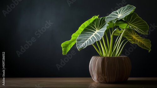 Alocasia kris plant growing in a modern designed pot on a wooden table