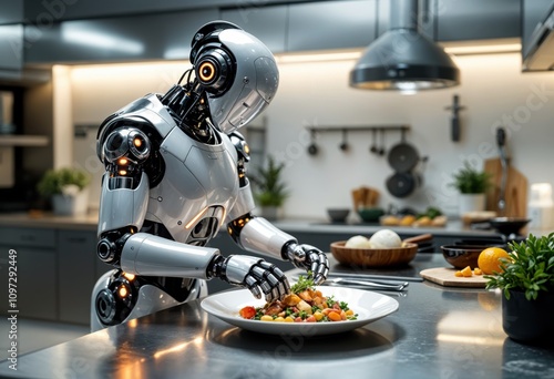 Robotic Chef in a Modern Kitchen Preparing a Gourmet Meal – A Fascinating Blend of Advanced Robotics, Culinary Art, and Futuristic Technology for Efficient and Artistic Cooking