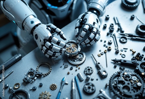 Close-Up of Robotic Hands Assembling Intricate Clockwork Gears on a Workbench – A Stunning Depiction of Precision Engineering, Advanced Robotics, and the Fusion of Technology and Craftsmanship.