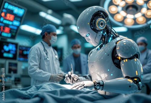 Advanced AI Surgeon Performing a Precise Operation in a High-Tech Operating Room with Doctors Observing – A Futuristic Blend of Robotics and Medicine Transforming Healthcare