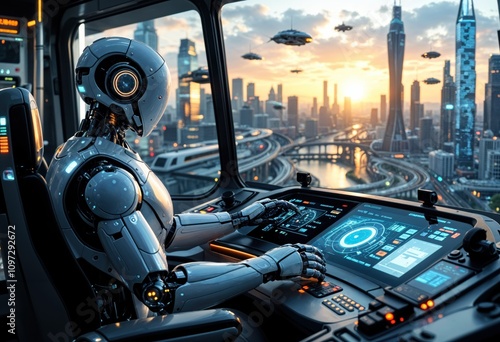 Advanced Robotic Bus Pilot in a Futuristic Smart Cityscape – Showcasing AI Technology Managing an Urban Transit System with High-Tech Controls and Drones at Sunset