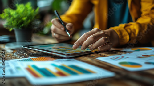 A professional jotting notes during a meeting while referencing a chart on a tablet screen