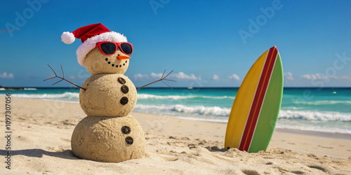 Christmas sandman with sunglasses on tropical beach