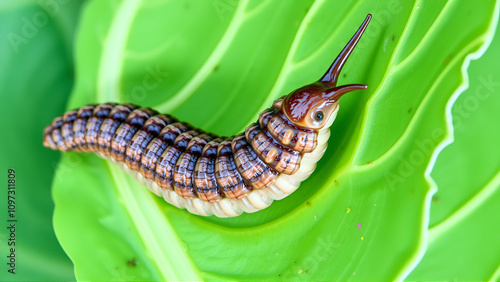 Reticulated slug (Deroceras sturangi, Deroceras agreste, Deroceras reticulatum) on green leaf of cabbage