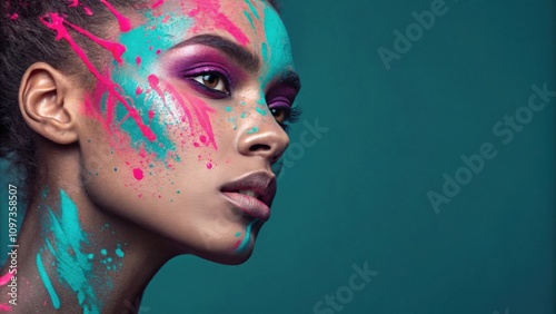 An electrifying portrait that features a face draped in outrageous neon splashes of aqua and magenta. The paint flows around the cheekbones and forehead introducing an artistic