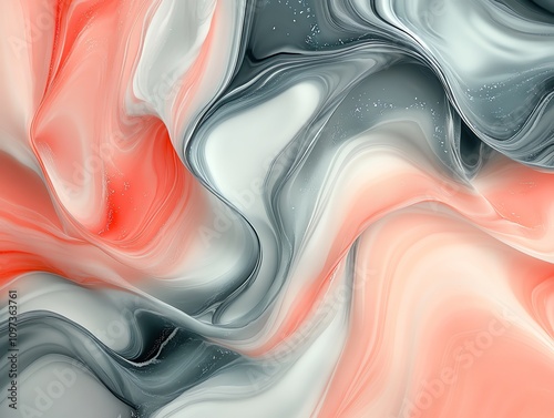 Abstract swirling patterns in coral, gray, and white, creating a fluid and dynamic texture.