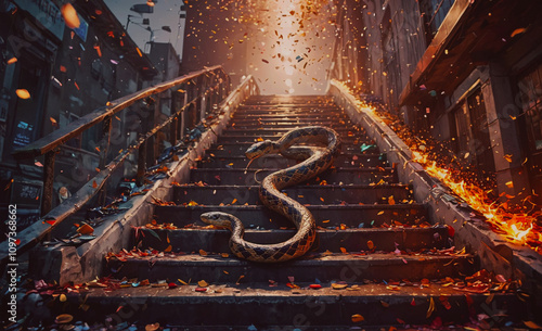 A snake is on a staircase in a city. The stairs are covered in debris and the snake is surrounded by a lot of leaves. The scene is dark and eerie, with the snake slithering down the stairs