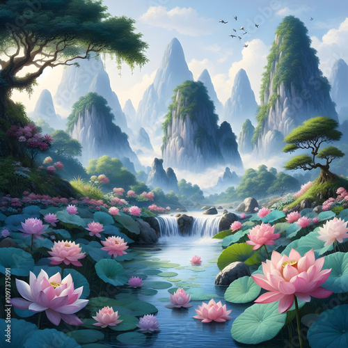 Serene Waterfall Lotus Flowers Misty Mountains Asian Landscape Painting