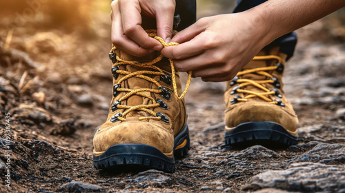 Lacing up hiking boots on rugged trail for adventure