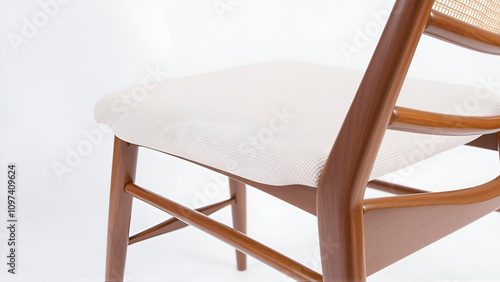 A wooden chair with a woven cane backrest and neutral upholstery, positioned on a white background.