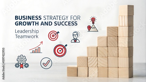 Business strategy with growth success process for for Leadership and teamwork concept. The action plan, business target icon on wooden cube blocks stack on white background, vertical style.