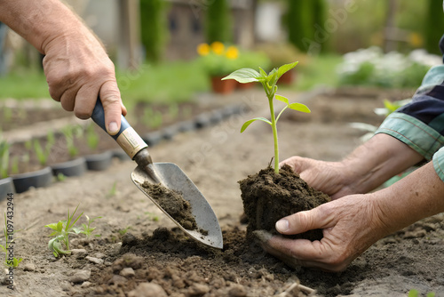 hand gripping trowel digs into soft soil while another hand plants young seedling, showcasing joy of gardening and nurturing plants