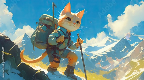 An Orange Cat Backpacker Hikes Up Snowy Mountains