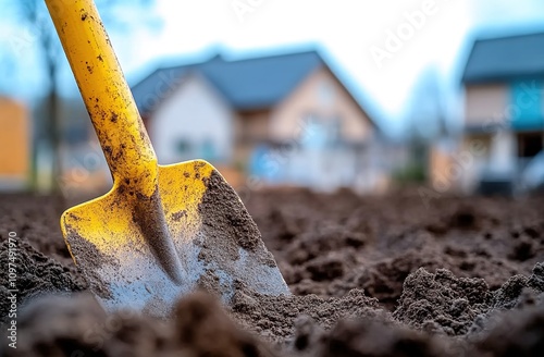 A basic photograph of a yellow Shovel in the dirt