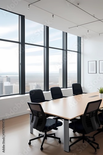 A modern open-plan office with diverse professionals collaborating at a table, featuring laptops, charts, and coffee cups. Natural light streams through large windows, creating a productive atmosphere