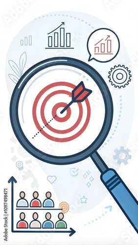 Magnifier glass focus to target icon which for planning development leadership and customer target group concept.