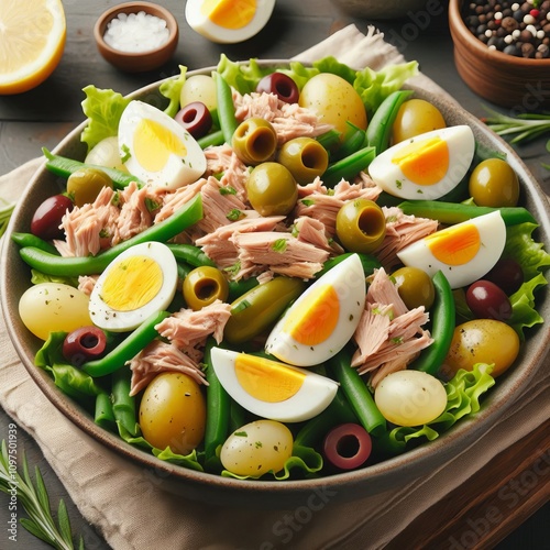 A classic French salad featuring tuna hard boiled eggs green bea