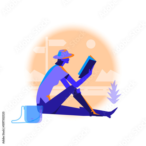 Traveler reading a book