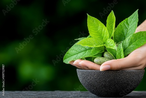 Asian traditional healer preparing herbal medicine in a serene, natural setting