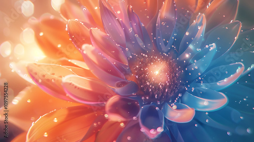 Stunning Macro Image of a Vibrant Flower with Soft Focus and Glittering Water Droplets Emphasizing Detail, Color, and Light in a Dreamy Atmosphere