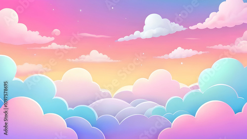 Abstract kawaii Cloudy Colorful Sky background. Soft gradient pastel Comic graphic. Concept for wedding card design or presentation