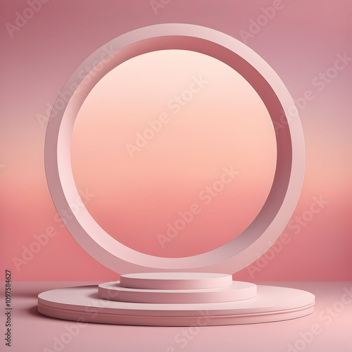 3D soft pink circle podium display on fantasy sky pastel color background. Vector Illustration