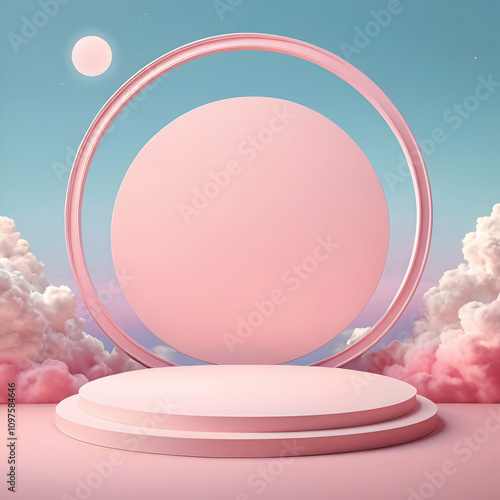 3D soft pink circle podium display on fantasy sky pastel color background. Vector Illustration