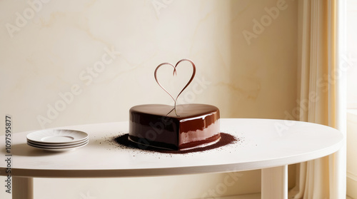 Heart-shaped chocolate sponge cake with glossy glaze and heart decor in a modern light interior