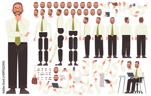 Male office worker or company boss character constructor. Set of different positions of arms legs body and head for creating animation