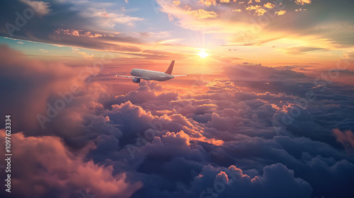 Airplane jetliner flying above dramatic clouds at sunset, travel concept.