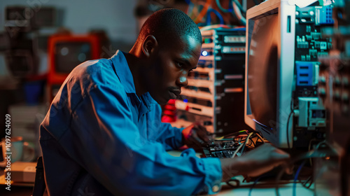 Computer repairman working on repairing computer in IT workshop.