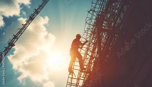 Construction Worker on Scaffolding in Urban Cityscape, Wearing Safety Gear and Hard Hat 