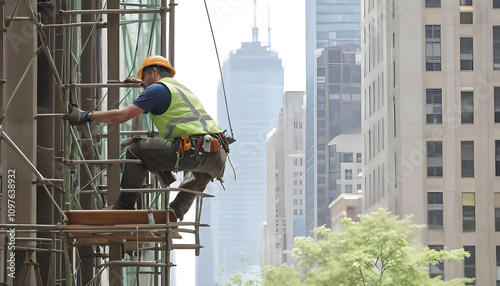 Construction Worker on Scaffolding in Urban Cityscape, Wearing Safety Gear and Hard Hat 