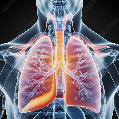 render of the respiratory system in motion with the diaphragm contracting and expanding