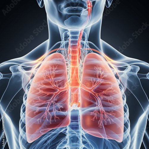 render of the respiratory system in motion with the diaphragm contracting and expanding