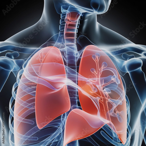 render of the respiratory system in motion with the diaphragm contracting and expanding